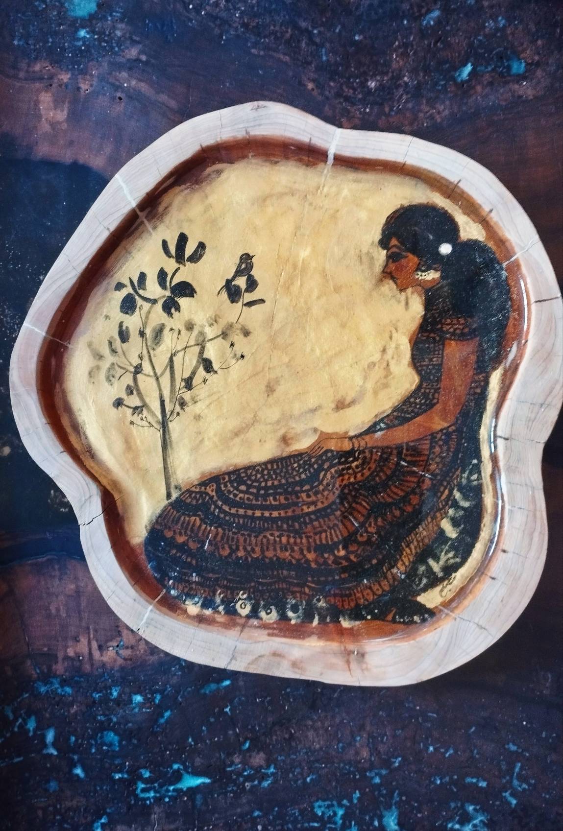 پلیت( plate) پذیرایی ،چوب کاج ،نقاشی با مرکب چینی ،کهنه کاری شده